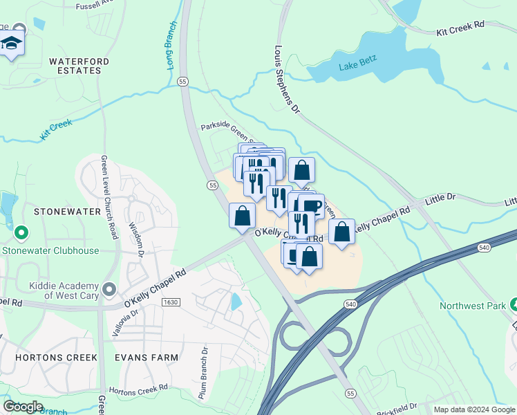 map of restaurants, bars, coffee shops, grocery stores, and more near 1119 Parkside Main Street in Cary