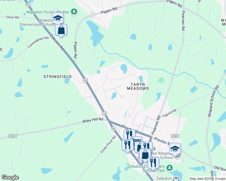 map of restaurants, bars, coffee shops, grocery stores, and more near 633 Birchhead Drive in Zebulon