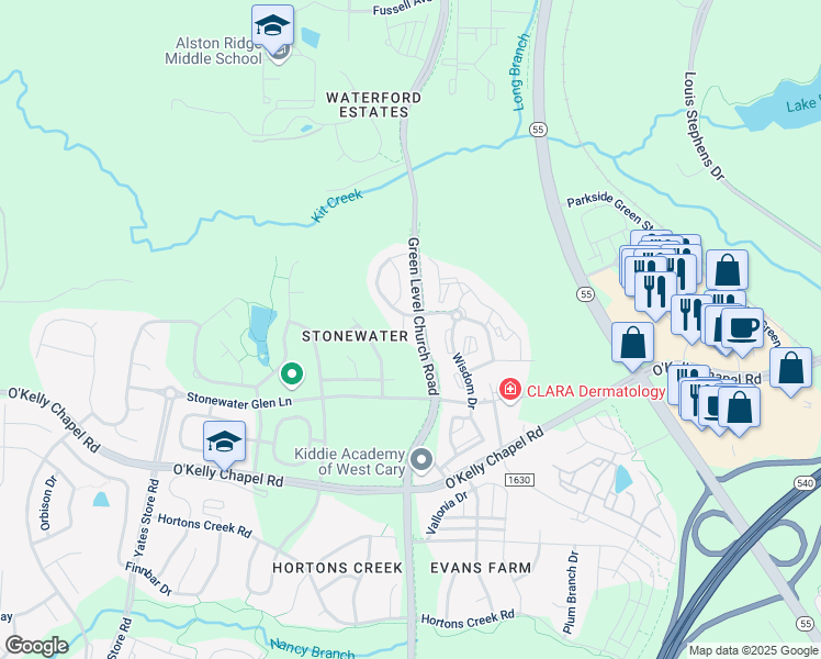 map of restaurants, bars, coffee shops, grocery stores, and more near 113 Grande Sky Court in Cary