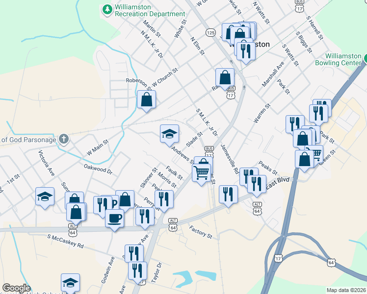 map of restaurants, bars, coffee shops, grocery stores, and more near 301-313 Slade Street in Williamston