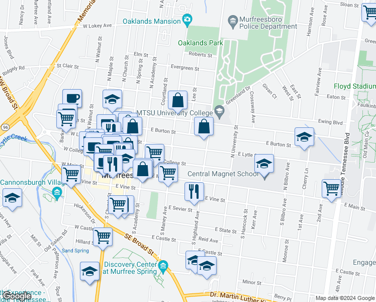 map of restaurants, bars, coffee shops, grocery stores, and more near 432 East Lytle Street in Murfreesboro