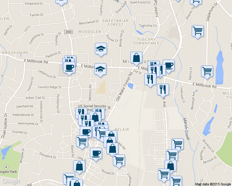 map of restaurants, bars, coffee shops, grocery stores, and more near 1721 Grace Brook Road in Raleigh