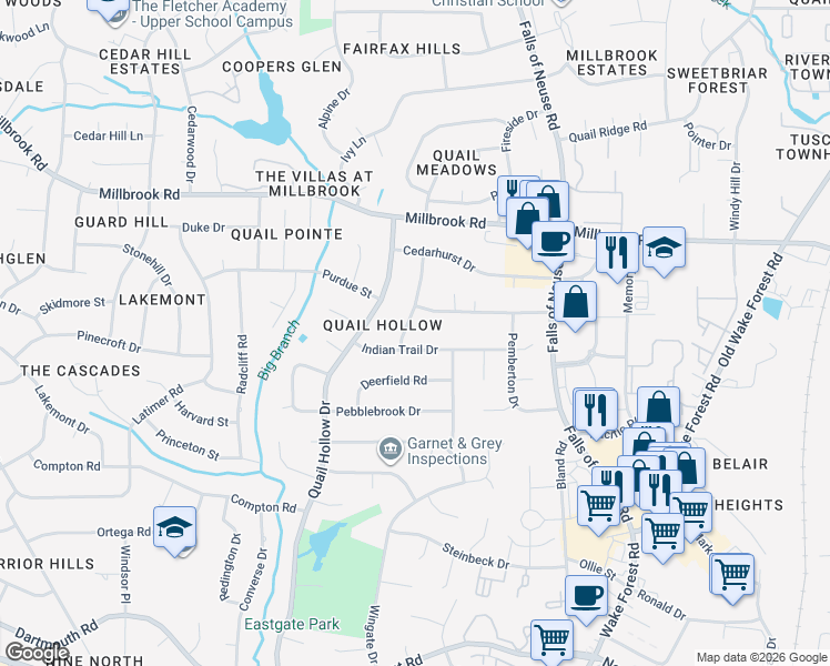 map of restaurants, bars, coffee shops, grocery stores, and more near 1017 Indian Trail Drive in Raleigh