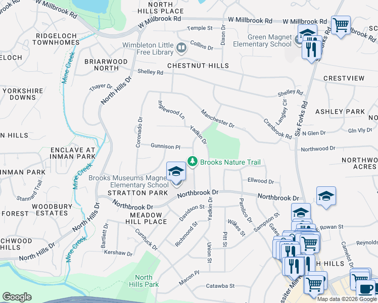 map of restaurants, bars, coffee shops, grocery stores, and more near 1109 Gunnison Place in Raleigh