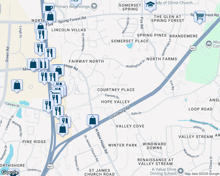 map of restaurants, bars, coffee shops, grocery stores, and more near 4709 Mallory Court in Raleigh