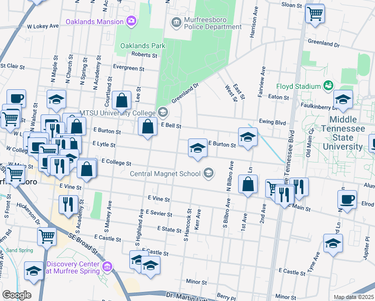 map of restaurants, bars, coffee shops, grocery stores, and more near 613 East Lytle Street in Murfreesboro