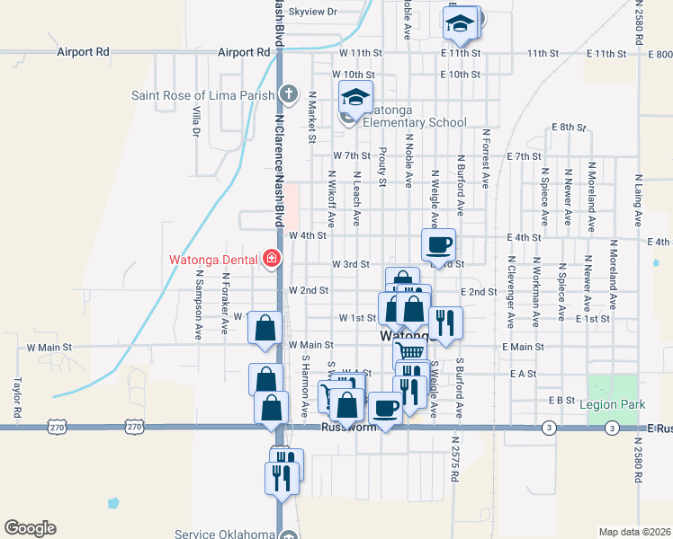 map of restaurants, bars, coffee shops, grocery stores, and more near 320 West 2nd Street in Watonga