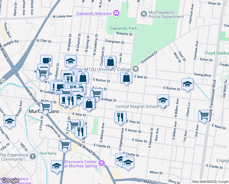 map of restaurants, bars, coffee shops, grocery stores, and more near 426 East Lytle Street in Murfreesboro