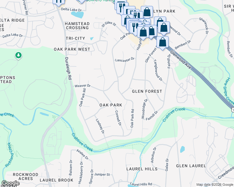 map of restaurants, bars, coffee shops, grocery stores, and more near 4712 Connell Drive in Raleigh