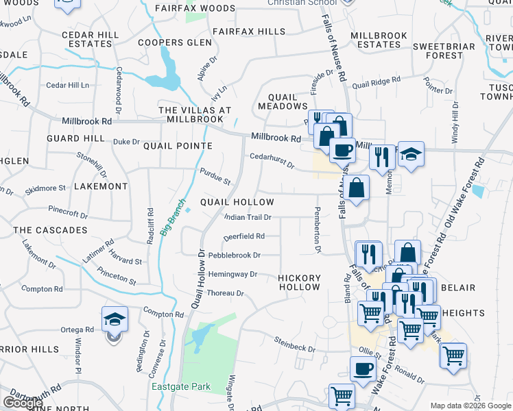 map of restaurants, bars, coffee shops, grocery stores, and more near 1017 Indian Trail Drive in Raleigh