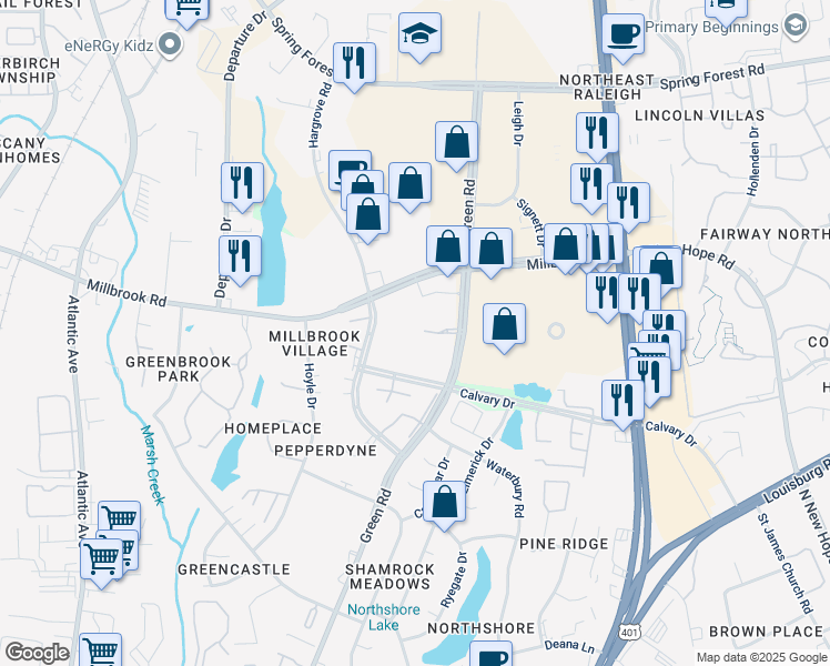 map of restaurants, bars, coffee shops, grocery stores, and more near 4620 Millbrook Green Drive in Raleigh