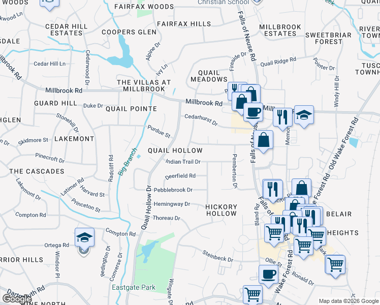 map of restaurants, bars, coffee shops, grocery stores, and more near 1017 Indian Trail Drive in Raleigh
