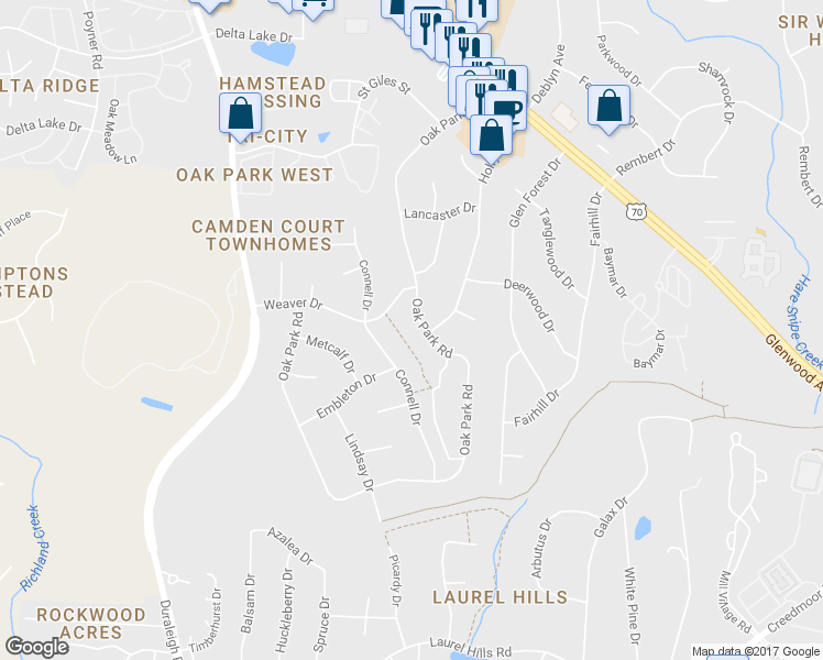 map of restaurants, bars, coffee shops, grocery stores, and more near 4712 Connell Drive in Raleigh
