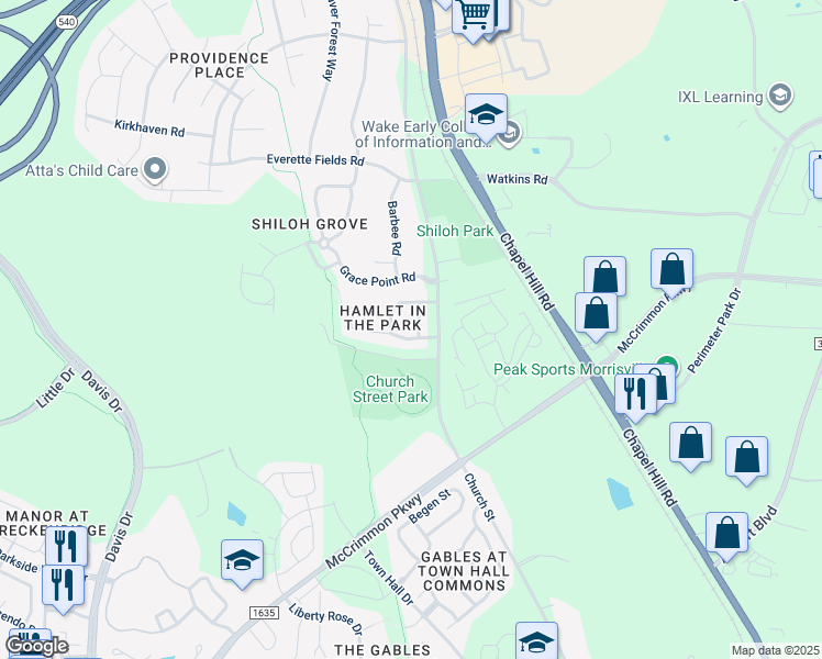 map of restaurants, bars, coffee shops, grocery stores, and more near 105 Hamlet Park Drive in Morrisville