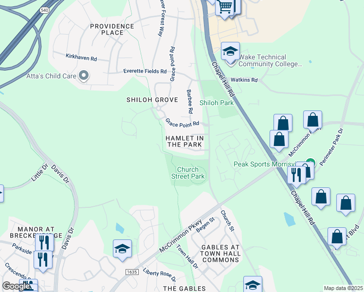 map of restaurants, bars, coffee shops, grocery stores, and more near 1121 Hamlet Park Drive in Morrisville