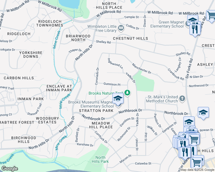 map of restaurants, bars, coffee shops, grocery stores, and more near 1104 Kimberly Drive in Raleigh