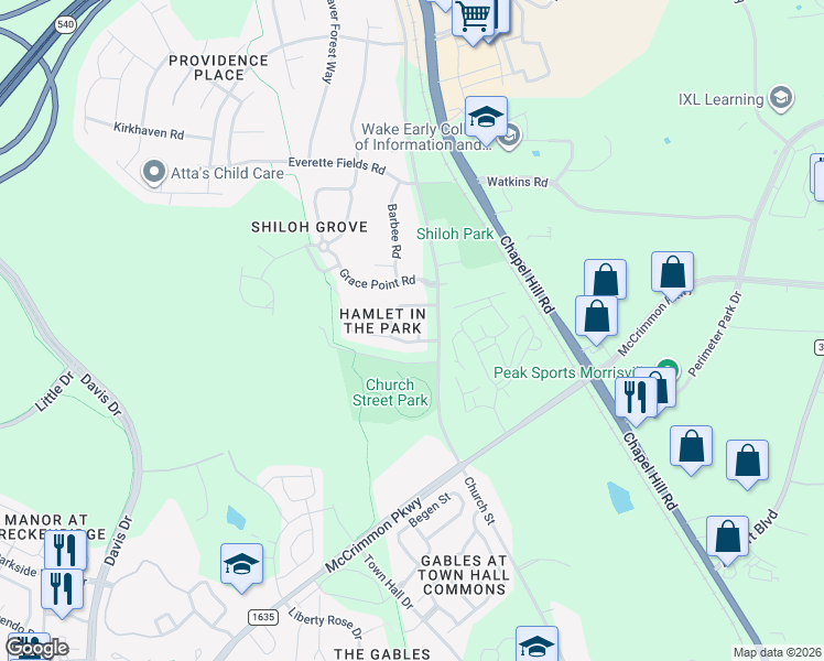 map of restaurants, bars, coffee shops, grocery stores, and more near 105 Hamlet Park Drive in Morrisville