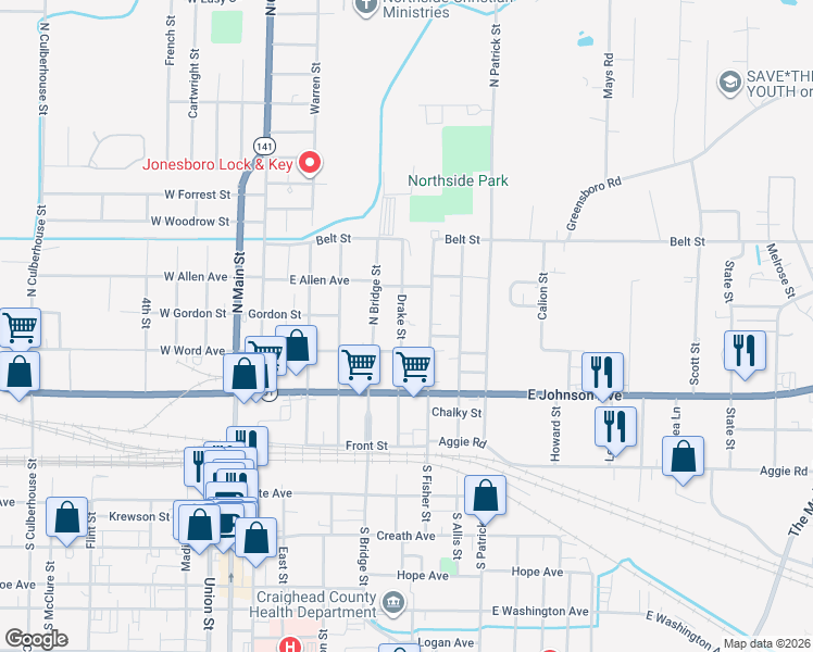 map of restaurants, bars, coffee shops, grocery stores, and more near 716 East Word Avenue in Jonesboro