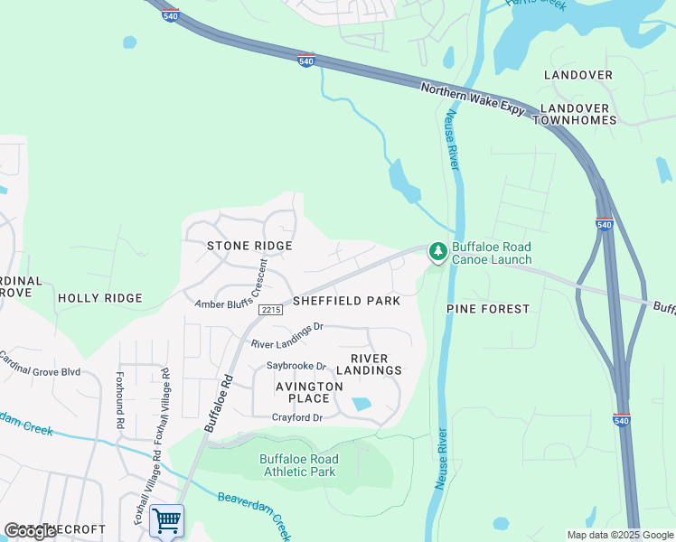 map of restaurants, bars, coffee shops, grocery stores, and more near 6446 Pathfinder Way in Raleigh