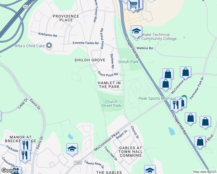 map of restaurants, bars, coffee shops, grocery stores, and more near 1121 Hamlet Park Drive in Morrisville
