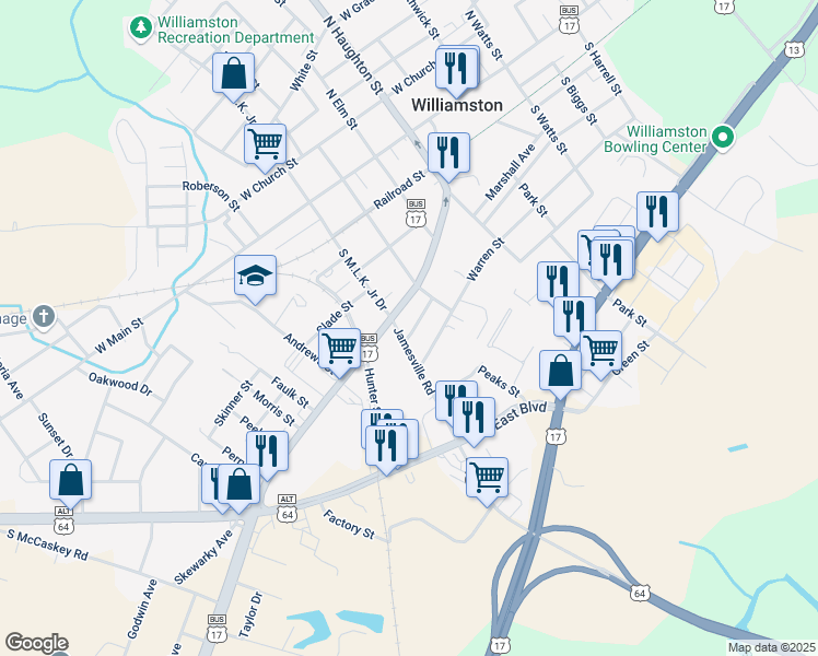 map of restaurants, bars, coffee shops, grocery stores, and more near 112 Griffin Avenue in Williamston