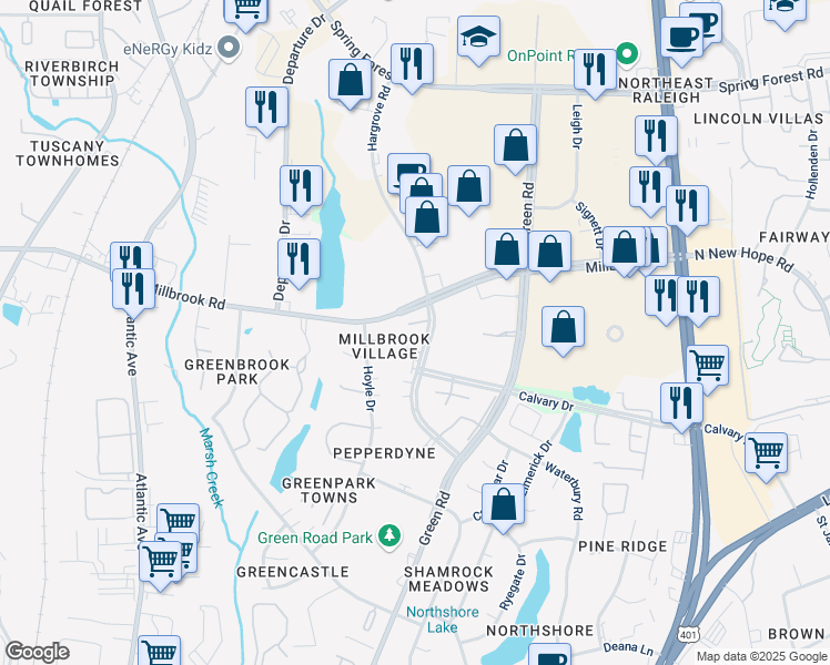 map of restaurants, bars, coffee shops, grocery stores, and more near 2610 Masonboro Court in Raleigh