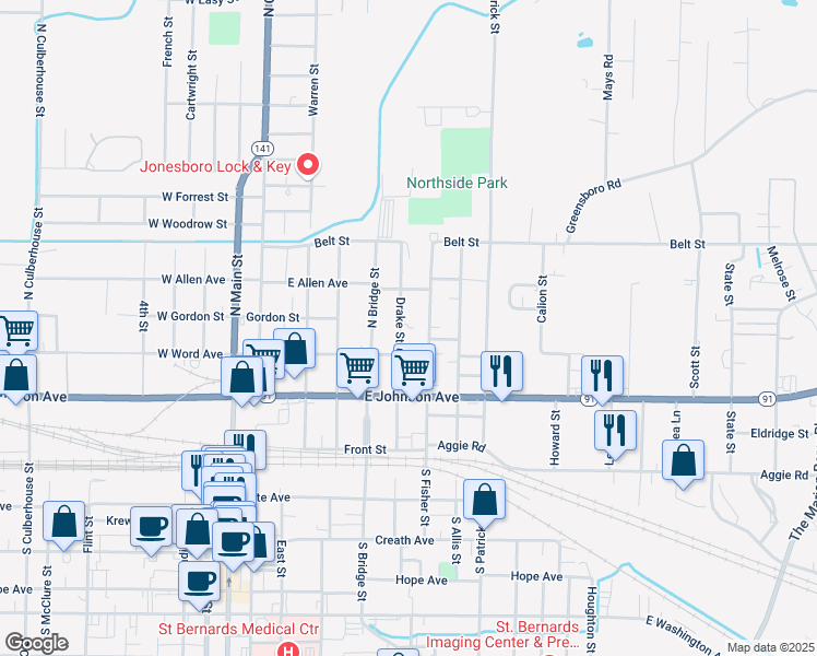 map of restaurants, bars, coffee shops, grocery stores, and more near 716 East Word Avenue in Jonesboro