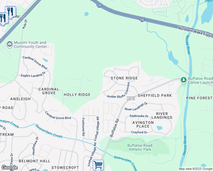 map of restaurants, bars, coffee shops, grocery stores, and more near 6300 Falcon Knoll Circle in Raleigh
