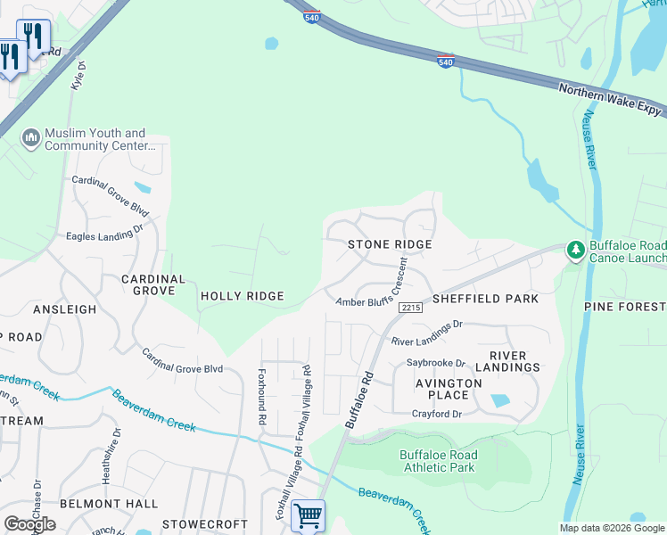 map of restaurants, bars, coffee shops, grocery stores, and more near 6300 Falcon Knoll Circle in Raleigh