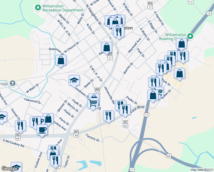 map of restaurants, bars, coffee shops, grocery stores, and more near 112 Griffin Avenue in Williamston
