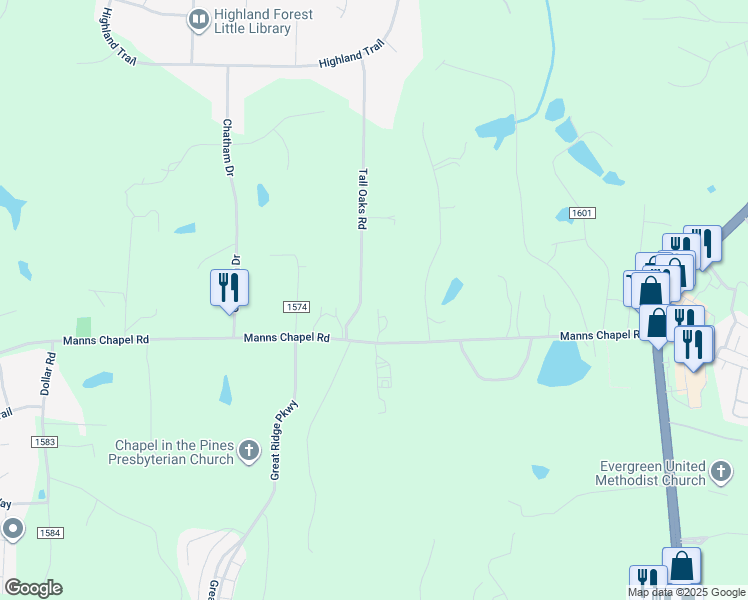 map of restaurants, bars, coffee shops, grocery stores, and more near 4537 Manns Chapel Road in Chapel Hill