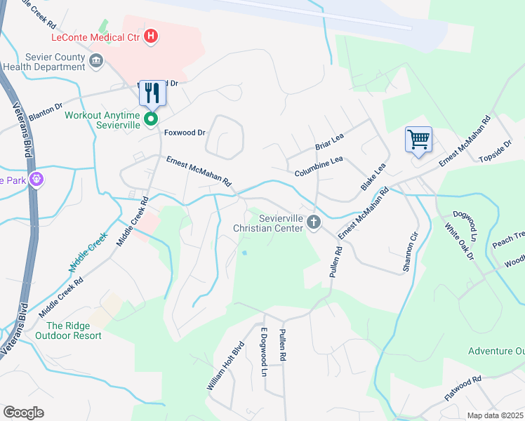 map of restaurants, bars, coffee shops, grocery stores, and more near 1109 Ernest McMahan Road in Sevierville