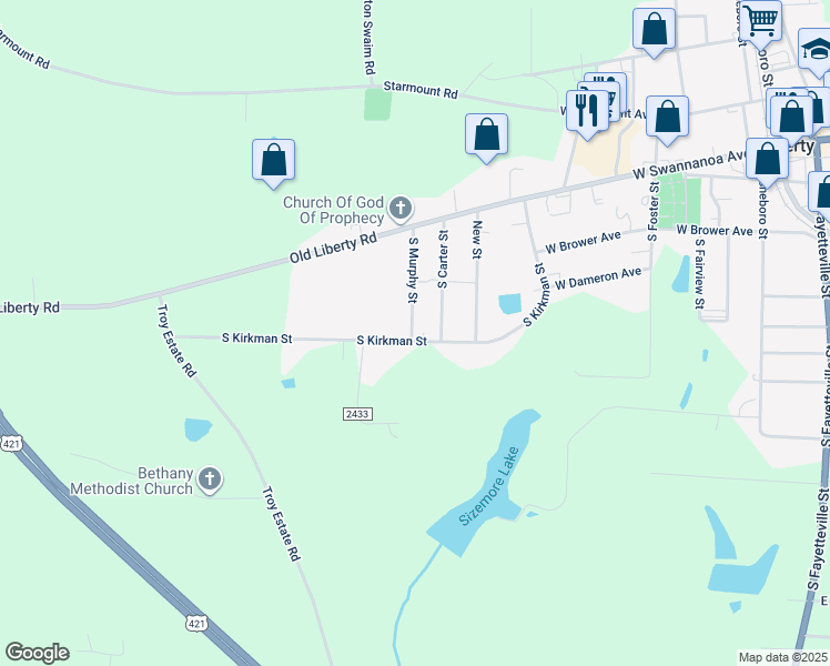 map of restaurants, bars, coffee shops, grocery stores, and more near 810 South Kirkman Street in Liberty