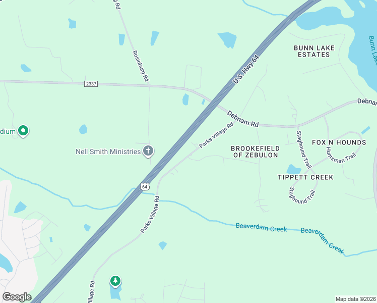 map of restaurants, bars, coffee shops, grocery stores, and more near 1409 Parks Village Road in Zebulon