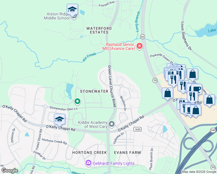 map of restaurants, bars, coffee shops, grocery stores, and more near 121 Grande Sky Court in Cary