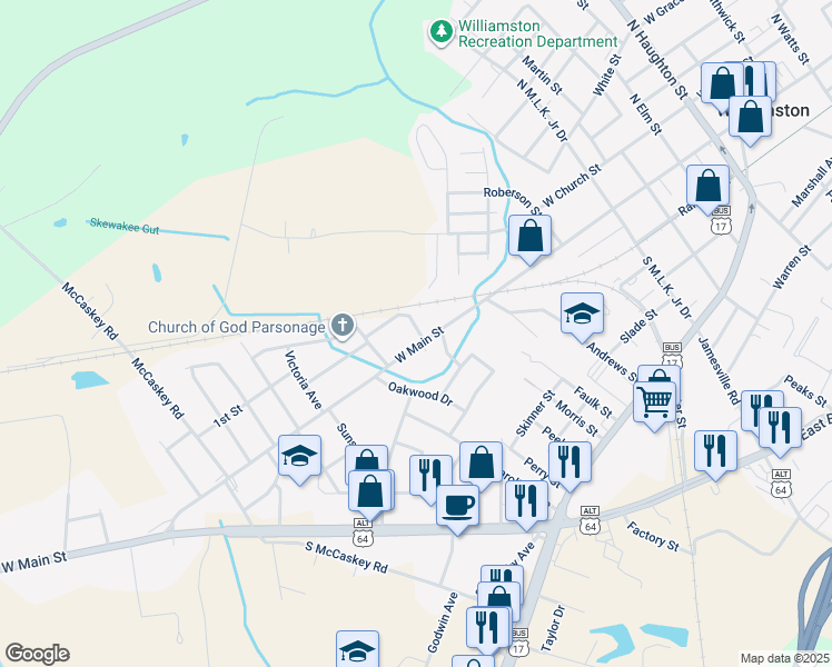 map of restaurants, bars, coffee shops, grocery stores, and more near 1003 West Main Street in Williamston
