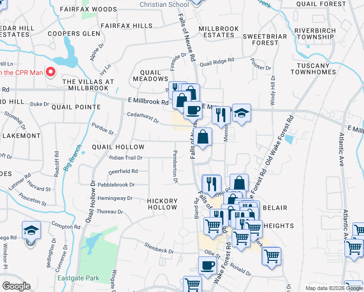 map of restaurants, bars, coffee shops, grocery stores, and more near 1125 Indian Trail Drive in Raleigh