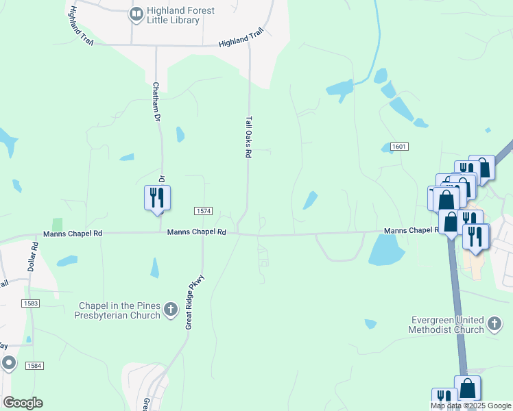 map of restaurants, bars, coffee shops, grocery stores, and more near 4537 Manns Chapel Road in Chapel Hill