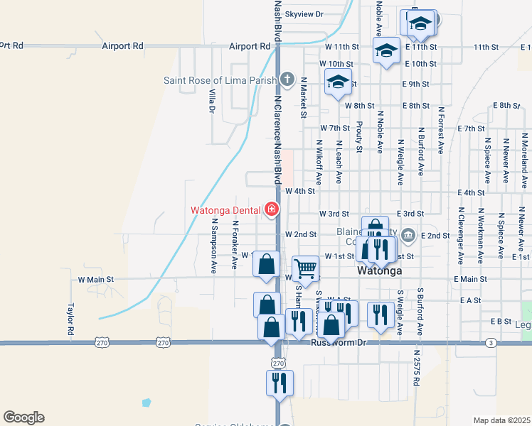 map of restaurants, bars, coffee shops, grocery stores, and more near 301 North Clarence Nash Boulevard in Watonga
