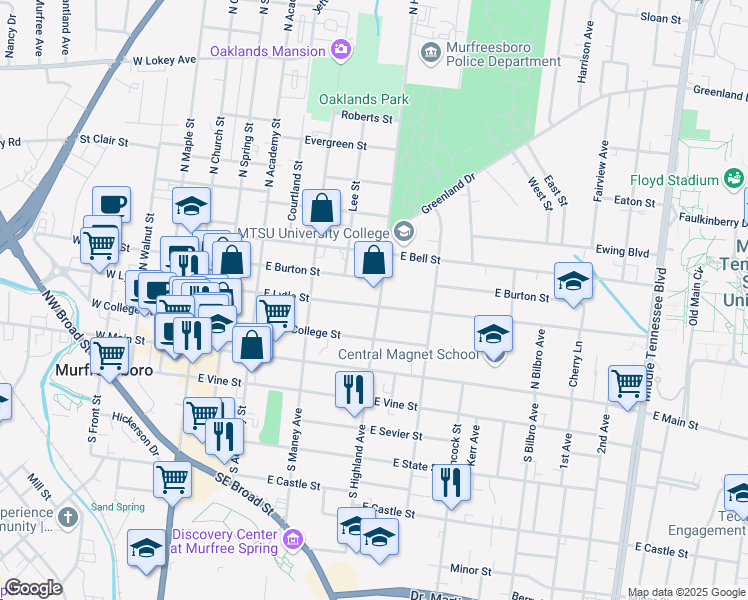 map of restaurants, bars, coffee shops, grocery stores, and more near 221 North Highland Avenue in Murfreesboro