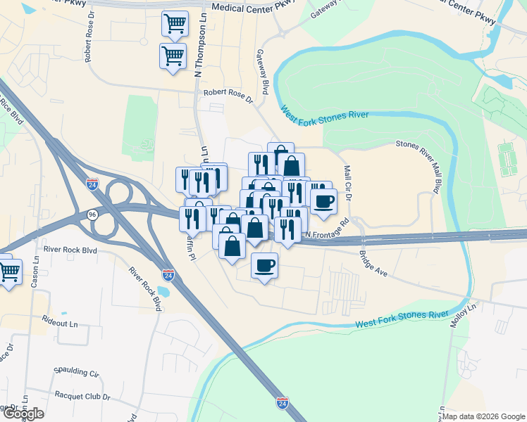 map of restaurants, bars, coffee shops, grocery stores, and more near in Murfreesboro