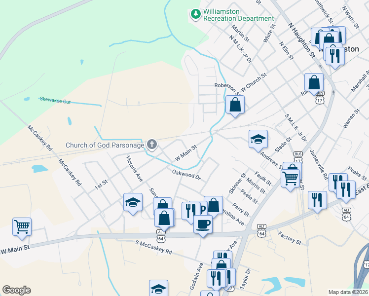 map of restaurants, bars, coffee shops, grocery stores, and more near 1003 West Main Street in Williamston