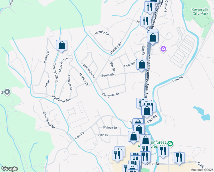 map of restaurants, bars, coffee shops, grocery stores, and more near 223 Evergreen Drive in Sevierville