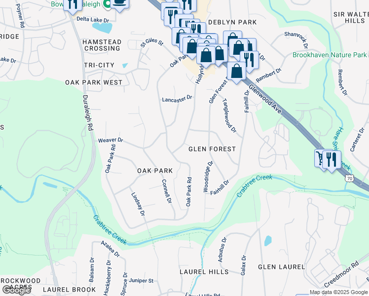 map of restaurants, bars, coffee shops, grocery stores, and more near 4810 Hollyridge Drive in Raleigh