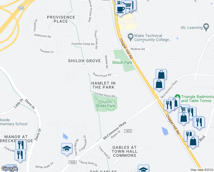 map of restaurants, bars, coffee shops, grocery stores, and more near 409 Colwick Lane in Morrisville