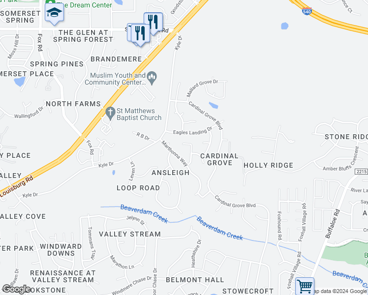 map of restaurants, bars, coffee shops, grocery stores, and more near 5418 Kassia Lane in Raleigh