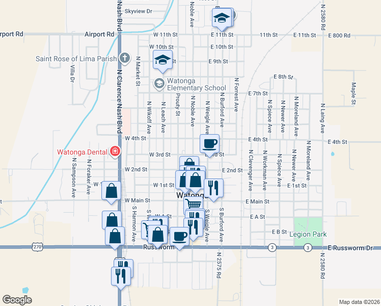 map of restaurants, bars, coffee shops, grocery stores, and more near 100 West 2nd Street in Watonga