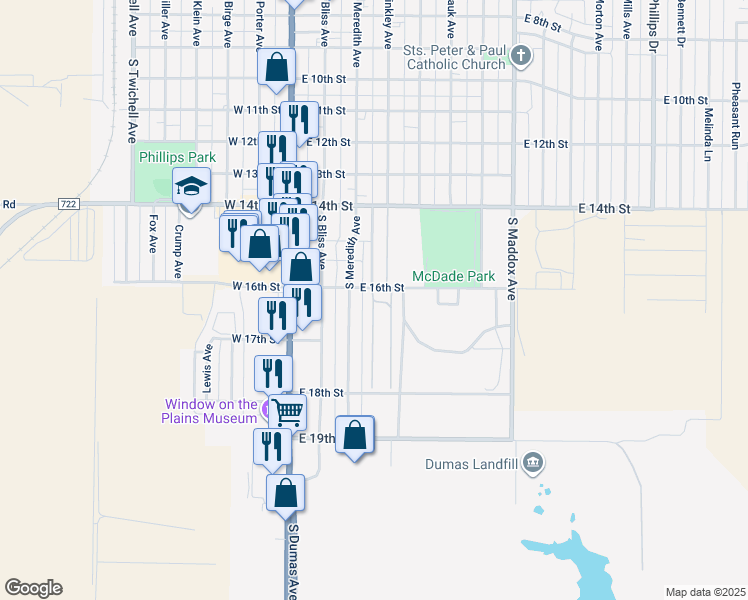 map of restaurants, bars, coffee shops, grocery stores, and more near 1624 Binkley Avenue in Dumas