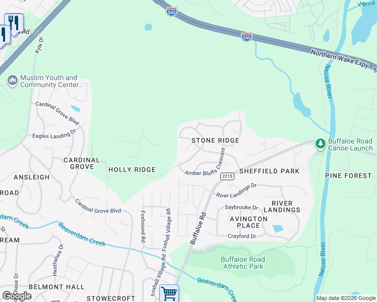 map of restaurants, bars, coffee shops, grocery stores, and more near 6308 Falcon Knoll Circle in Raleigh