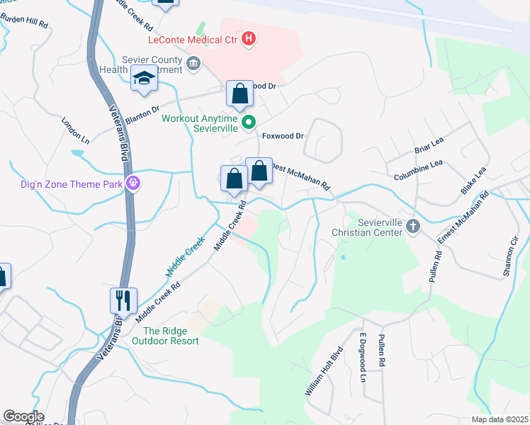 map of restaurants, bars, coffee shops, grocery stores, and more near 1102-1150 Middle Creek Road in Sevierville